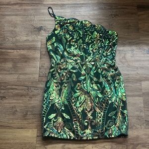 Lulus Mesmerizing Shine Green Sequin One Shoulder size Medium